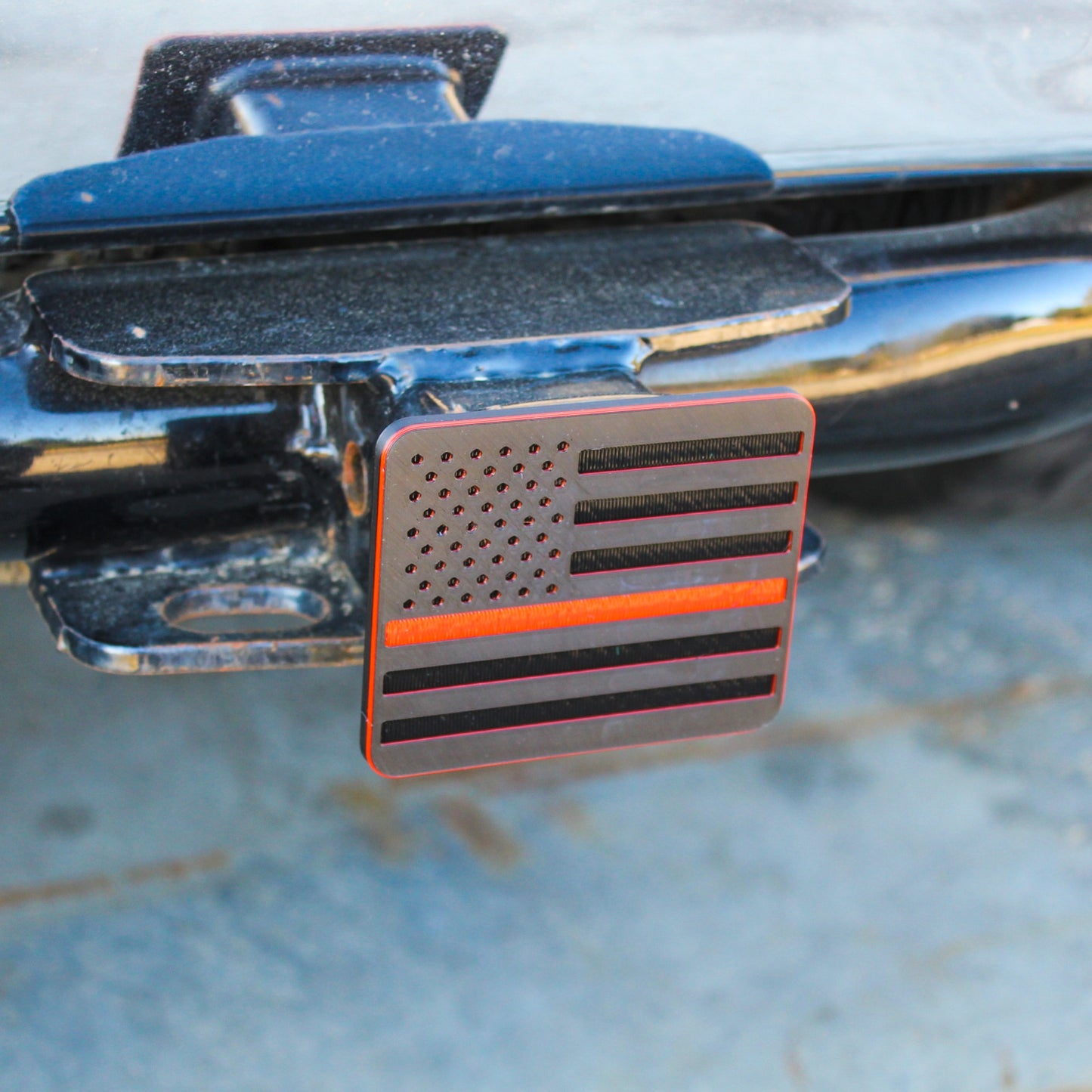 USA Flag Trailer Hitch Cover, Black with Thin Colored Line, for Public Service Heroes