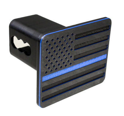 USA Flag Trailer Hitch Cover, Black with Thin Colored Line, for Public Service Heroes